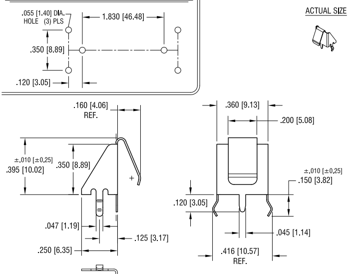 Data sheet for the Keystone 591 battery clip.  The clip needs three 1.4mm diameter holes placed in an equilateral triangle the base of which is 8.89mm wide and then the third vertex is 3.05mm above the base.